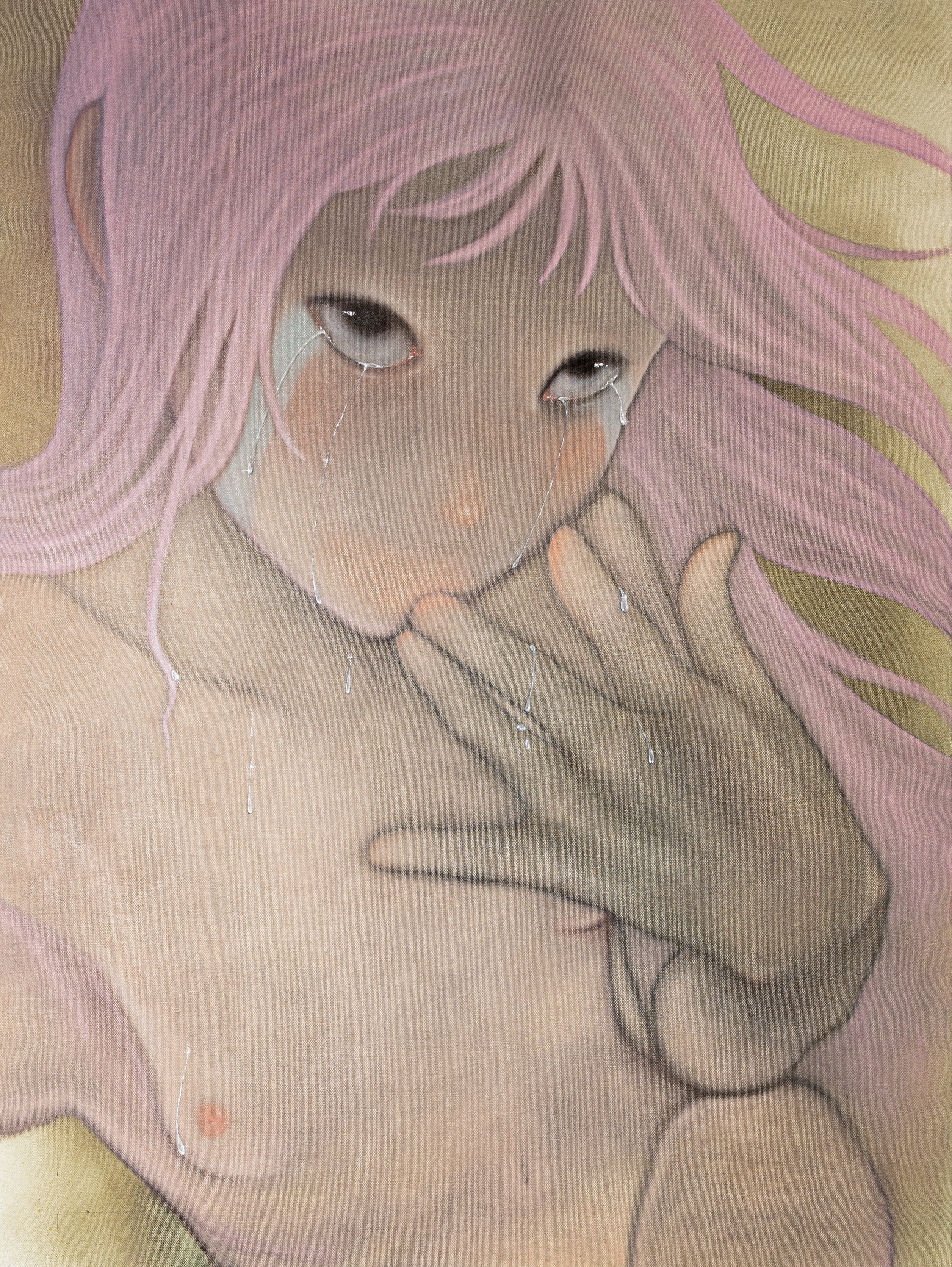 Painting of an anime girl with pink hair and a hand covering their mouth on a beige background with tears running down